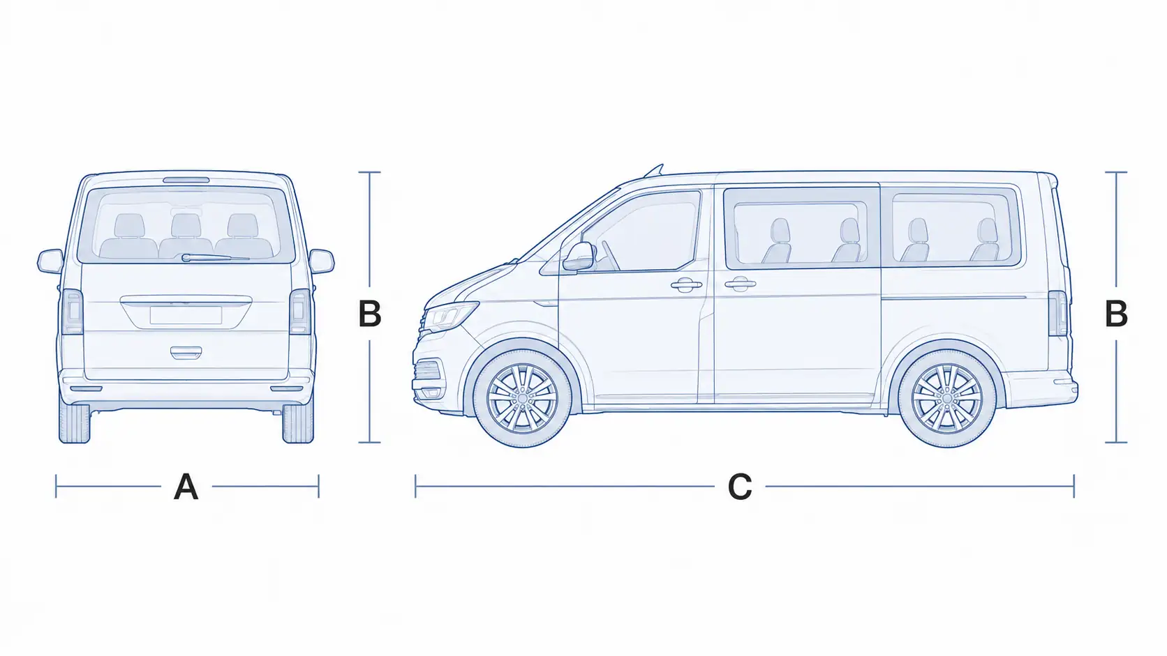 Vista exterior con dimensiones de la Hyundai Staria